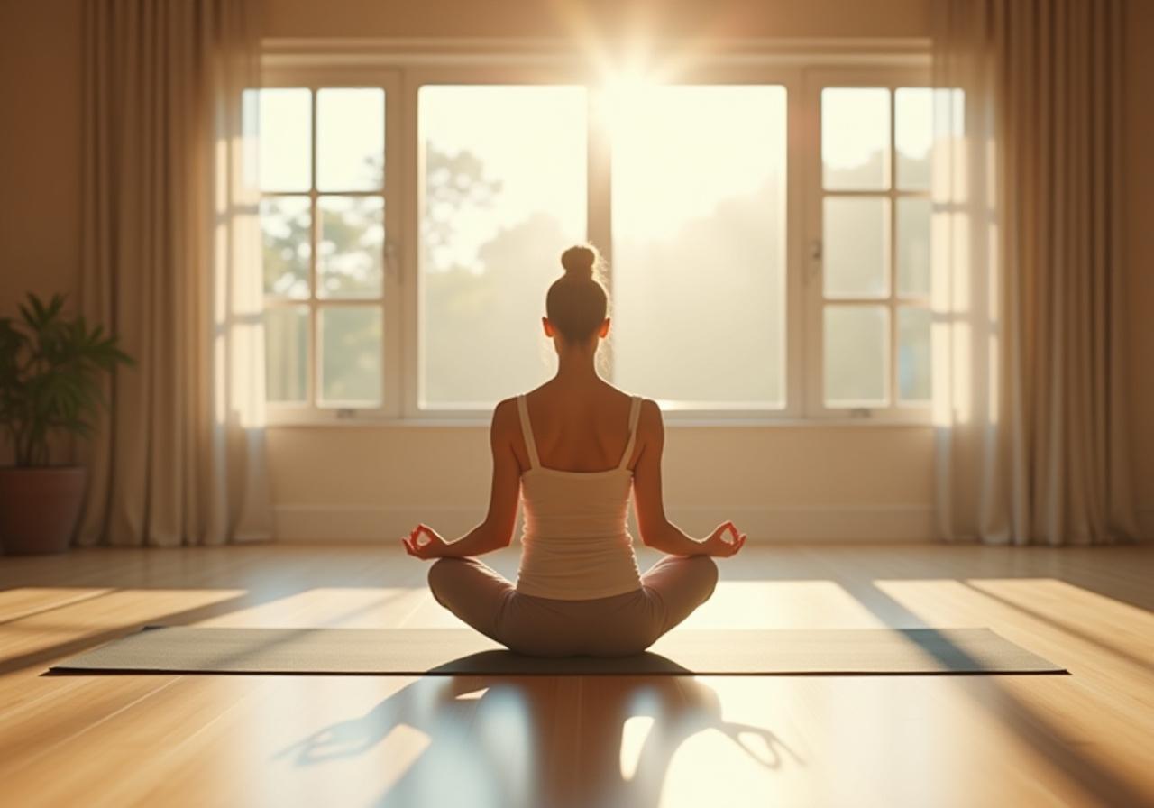 Serene woman practicing mindfulness in a sunlit studio
