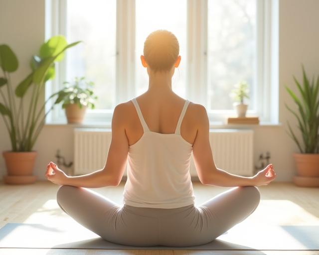 Beginner yoga practitioner in a serene sunlit studio